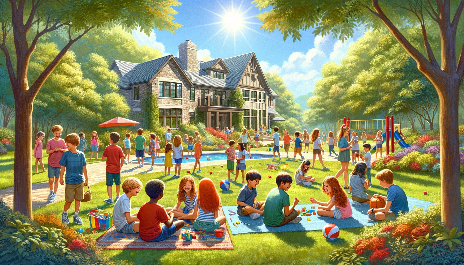 This lively and engaging scene perfectly captures the spirit of a summer camp